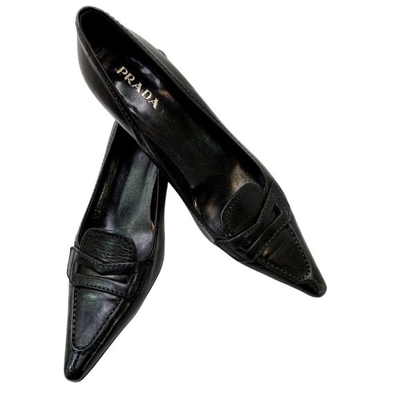 Prada Shoes - Prada High Heels Leather Pumps Size EU 37 US 6.5 Black Women Pointed Toe